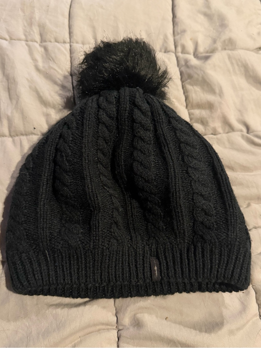 Eddie Bauer Black Cable Knit Pom-Pom Beanie